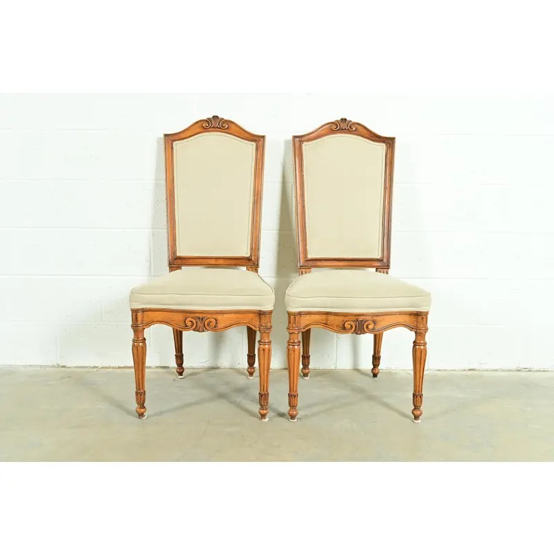Baker Furniture Style French Regency Louis XVI Carved Walnut Side Chairs or Dining Chairs, Pair