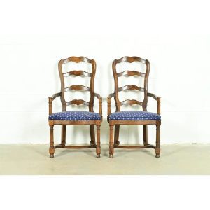 Century Furniture French Country Carved Solid Oak Ladder Back Armchairs, Pair