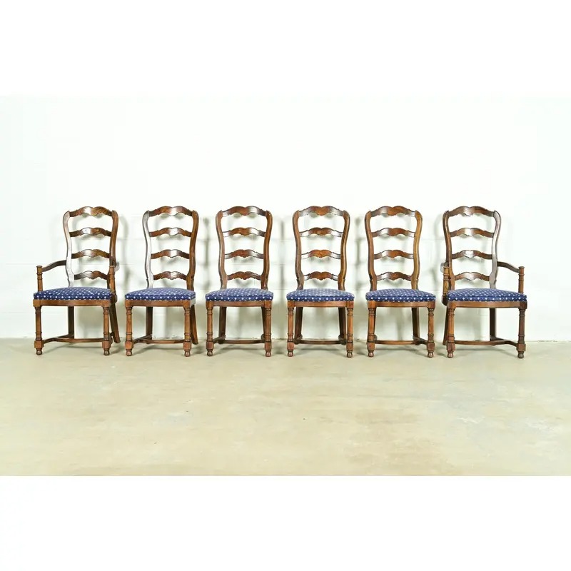 Century Furniture French Country Carved Solid Oak Ladder Back Dining Chairs, Set of Six