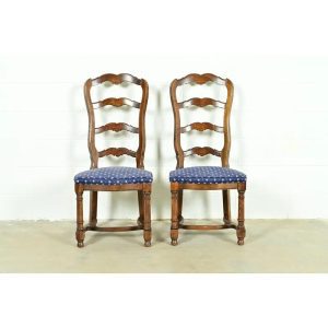 Century Furniture French Country Carved Solid Oak Ladder Back Side Chairs or Dining Chairs, Pair