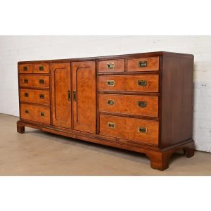 Century Furniture Mid-Century Hollywood Regency Campaign Burl Wood Triple Dresser or Credenza, Circa 1970s