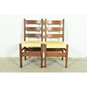 Gustav Stickley Antique Mission Oak Arts & Crafts Ladder Back Dining Chairs, Pair