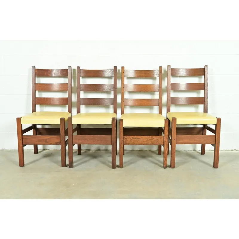 Gustav Stickley Antique Mission Oak Arts & Crafts Ladder Back Dining Chairs, Set of Four