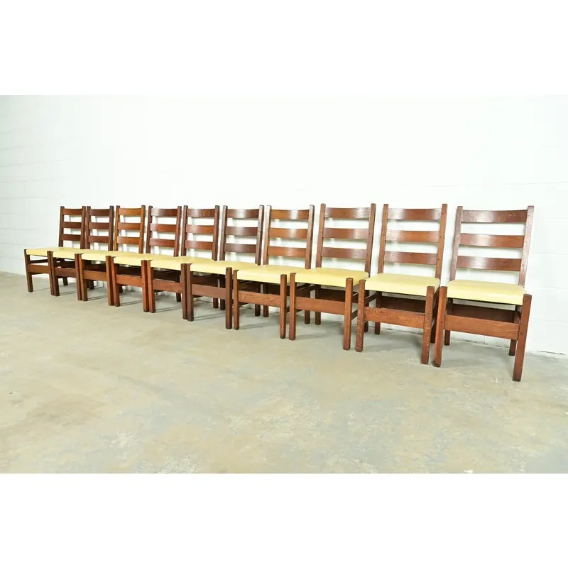 Gustav Stickley Antique Mission Oak Arts & Crafts Ladder Back Dining Chairs, Set of Ten