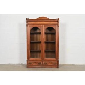 Herter Brothers Style Antique Eastlake Victorian Carved Burled Walnut Bookcase, Circa 1880s