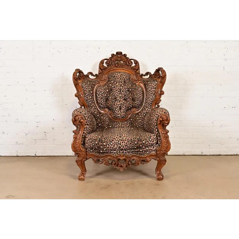 Italian Baroque Ornate Carved Walnut Throne Chair or Lounge Chair With Leopard Print Upholstery