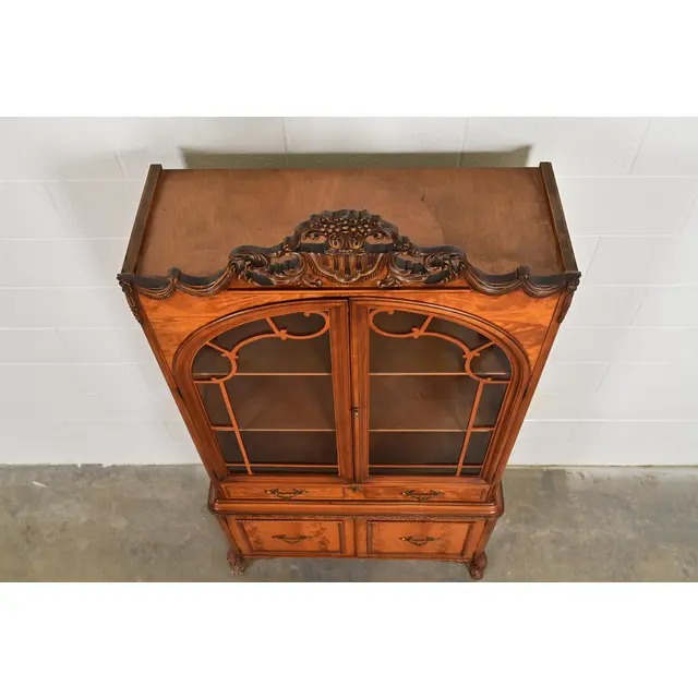 Romweber French Provincial Louis XV Burl Wood Breakfront Bookcase Cabinet, Circa 1920s - Image 12