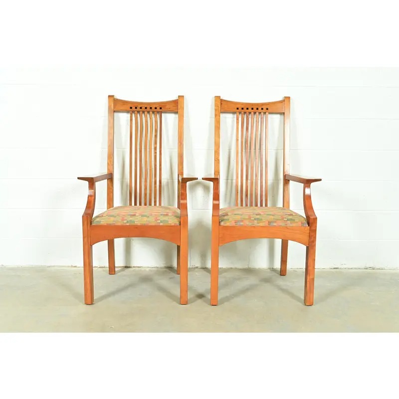 Stickley Arts & Crafts Cherry Wood High Back Spindle Armchairs, Pair