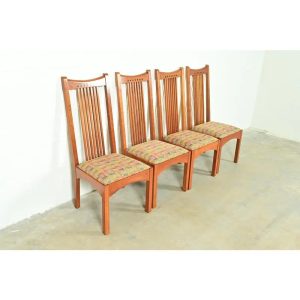 Stickley Arts & Crafts Cherry Wood High Back Spindle Dining Chairs, Set of Four