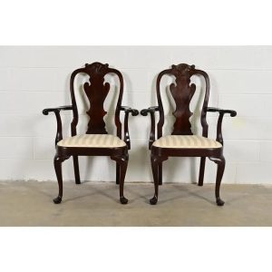 Stickley Queen Anne Carved Solid Mahogany Armchairs, Pair