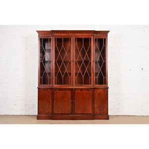 Baker Furniture Historic Charleston Georgian Inlaid Mahogany Lighted Breakfront Bookcase Cabinet
