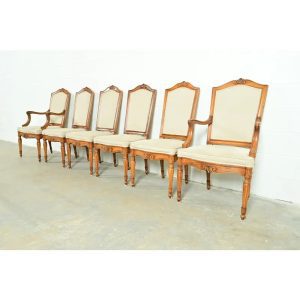 Baker Furniture Style French Regency Louis XVI Carved Walnut Dining Chairs, Set of Six