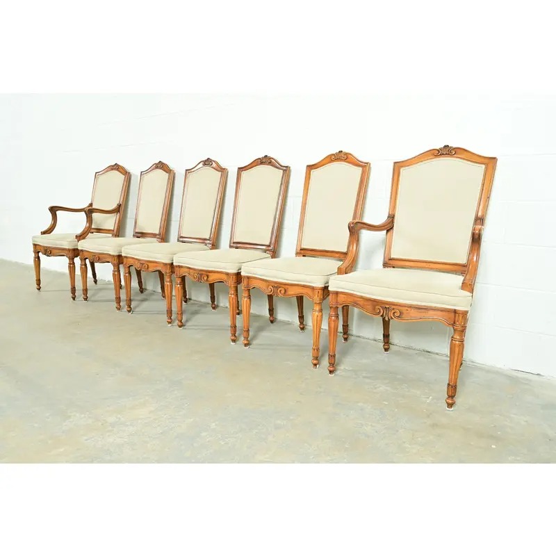 Baker Furniture Style French Regency Louis XVI Carved Walnut Dining Chairs, Set of Six