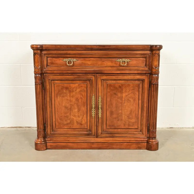 Drexel Heritage French Regency Louis XVI Burled Walnut Flip Top Server or Bar Cabinet, Circa 1960s