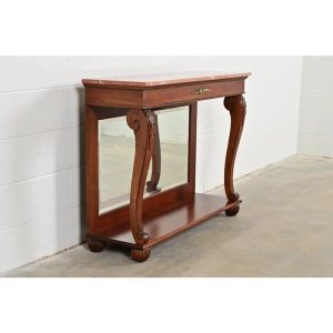 Ethan Allen French Empire Carved Cherry Wood Marble Top Console Table With Mirrored Back