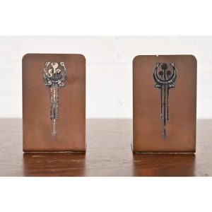 Silver Crest Arts & Crafts Sterling Silver on Bronze Bookends, Pair