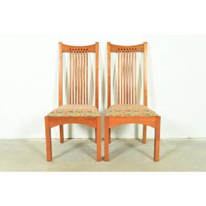 Stickley Arts & Crafts Cherry Wood High Back Spindle Side Chairs or Dining Chairs, Pair