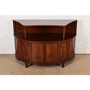 Baker Furniture Georgian Inlaid Flame Mahogany Demilune Sideboard Buffet or Bar Cabinet, Circa 1940s