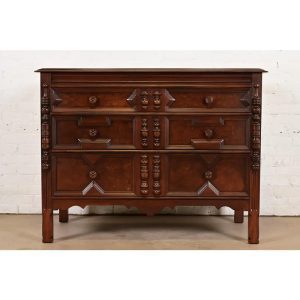 Johnson Furniture English Tudor Carved Burled Walnut Dresser or Chest of Drawers, Newly Refinished