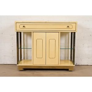 Romweber Mid-Century Modern Hollywood Regency Cream Lacquered and Brass Flip Top Buffet Server or Bar Cart, Circa 1960s