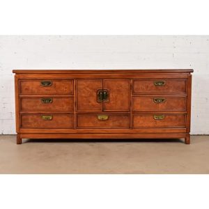 Thomasville Mid-Century Hollywood Regency Chinoiserie Burl Wood Long Dresser or Credenza, Circa 1970s
