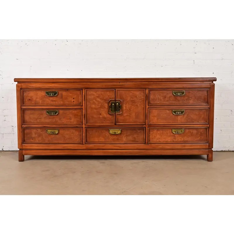 Thomasville Mid-Century Hollywood Regency Chinoiserie Burl Wood Long Dresser or Credenza, Circa 1970s