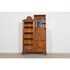 Antique Victorian Carved Tiger Oak Side-by-Side Bookcase With Drop Front Secretary Desk, Circa 1900