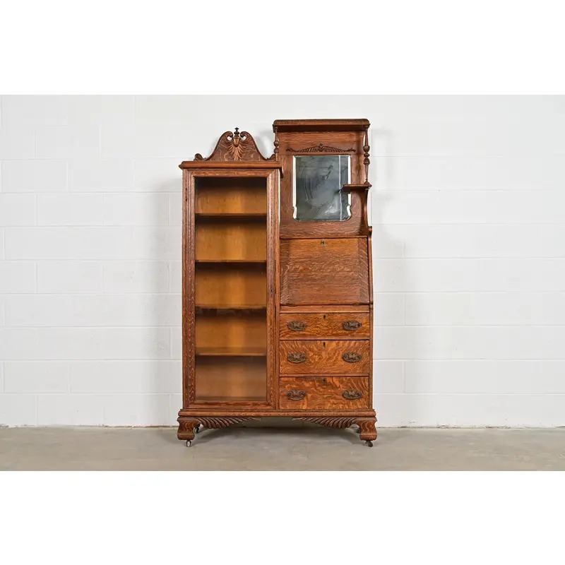 Antique Victorian Carved Tiger Oak Side-by-Side Bookcase With Drop Front Secretary Desk, Circa 1900