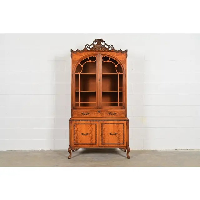 Romweber French Provincial Louis XV Burl Wood Breakfront Bookcase Cabinet, Circa 1920s