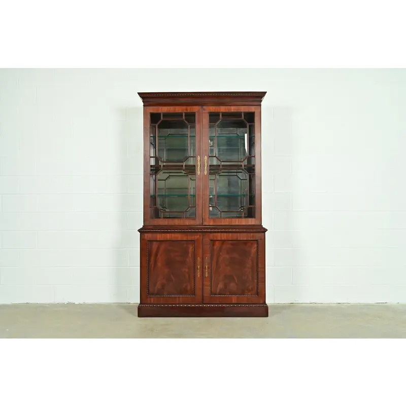 Henkel Harris Georgian Carved Flame Mahogany Lighted Breakfront Bookcase Cabinet