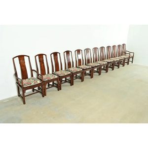 Henredon Hollywood Regency Chinoiserie Sculpted Mahogany Dining Chairs, Set of Twelve