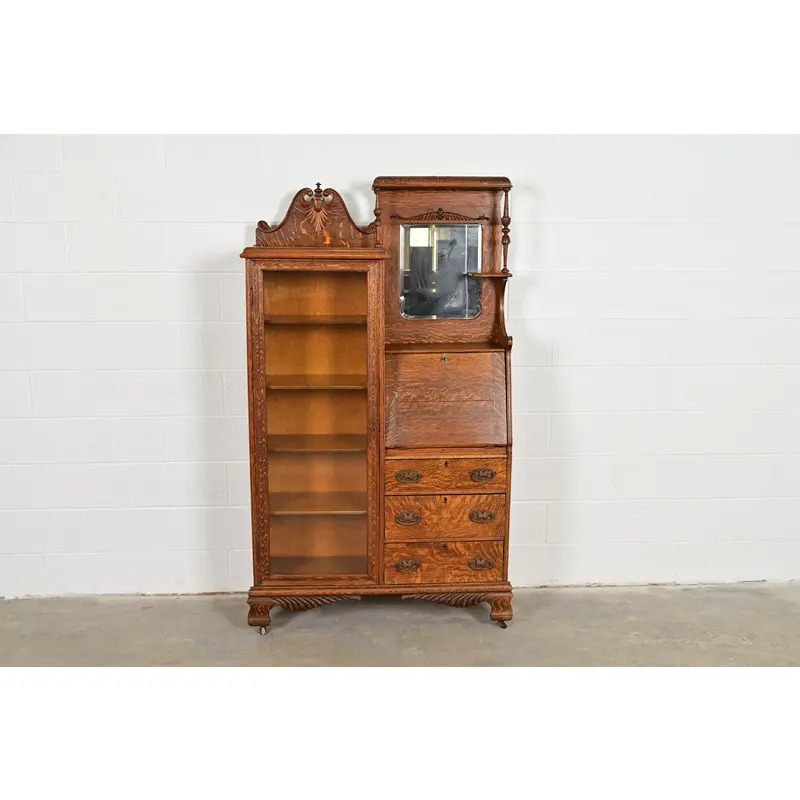 Antique Victorian Carved Tiger Oak Side-by-Side Bookcase With Drop Front Secretary Desk, Circa 1900 - Image 2