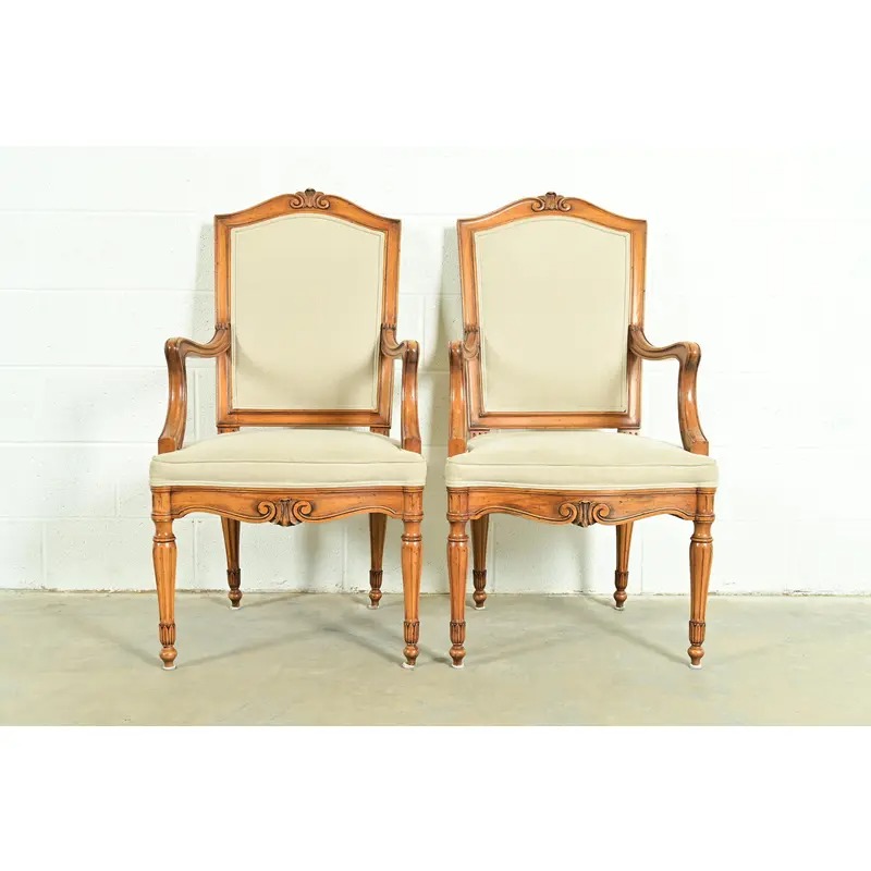 Baker Furniture Style French Regency Louis XVI Carved Walnut Armchairs or Dining Captain Chairs, Pair - Image 2
