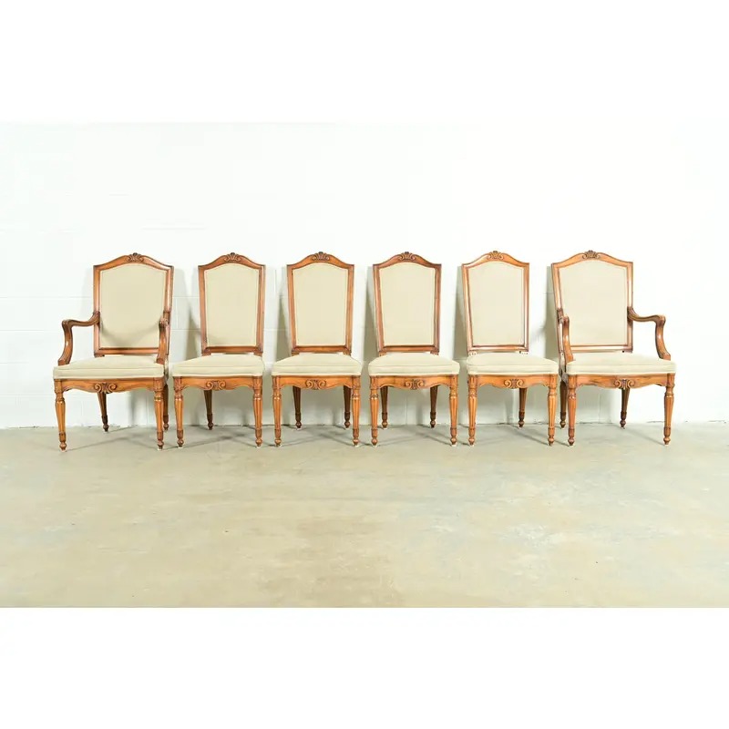 Baker Furniture Style French Regency Louis XVI Carved Walnut Dining Chairs, Set of Six - Image 2