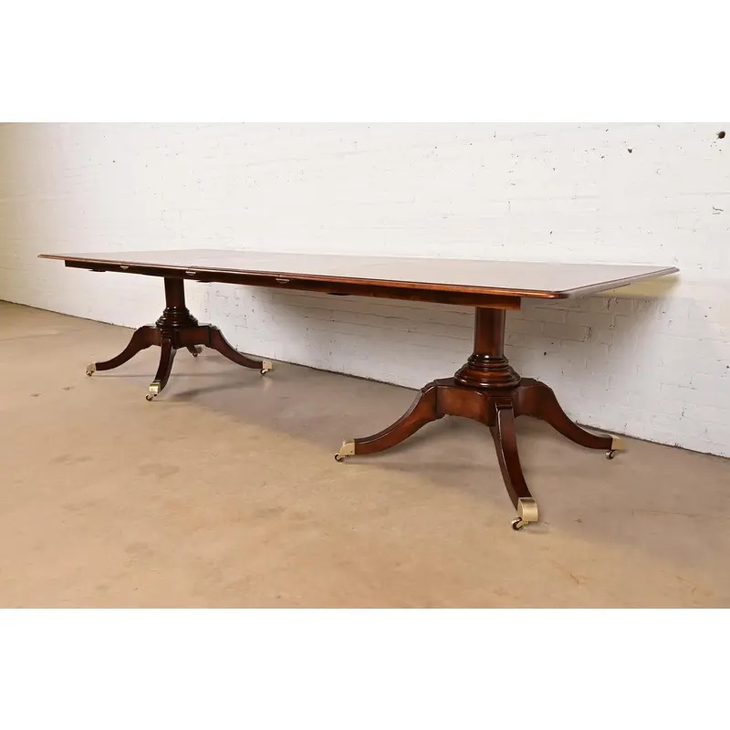Baker Furniture Style Georgian Banded Mahogany Double Pedestal Extension Dining Table, Newly Refinished - Image 2
