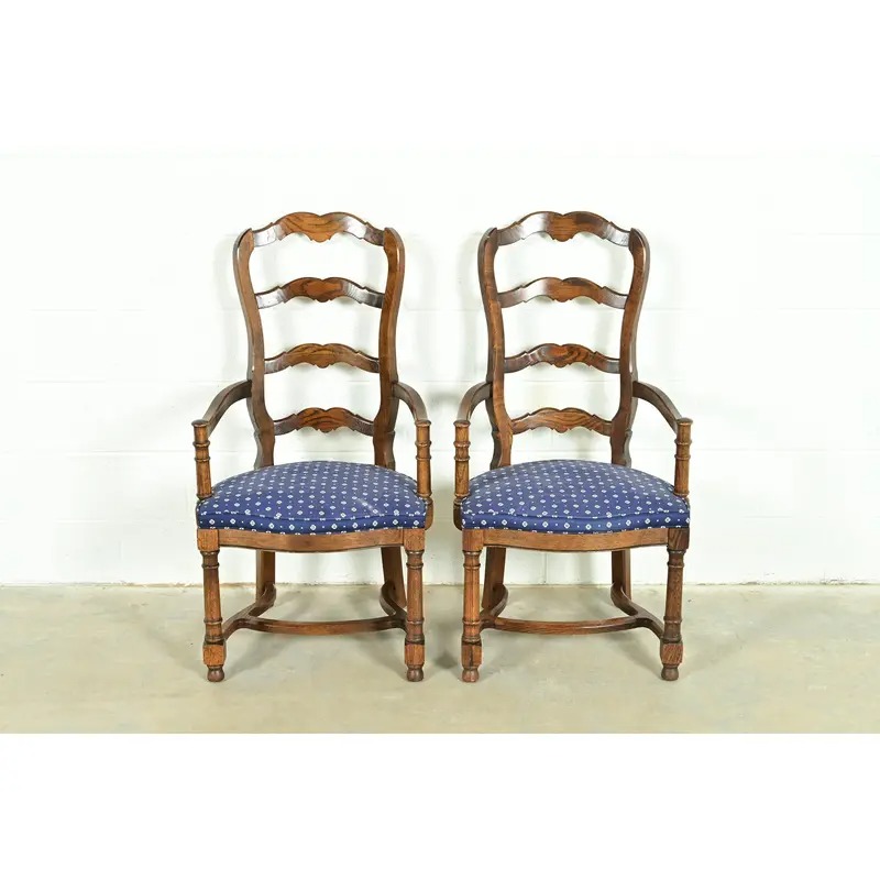 Century Furniture French Country Carved Solid Oak Ladder Back Armchairs, Pair - Image 2