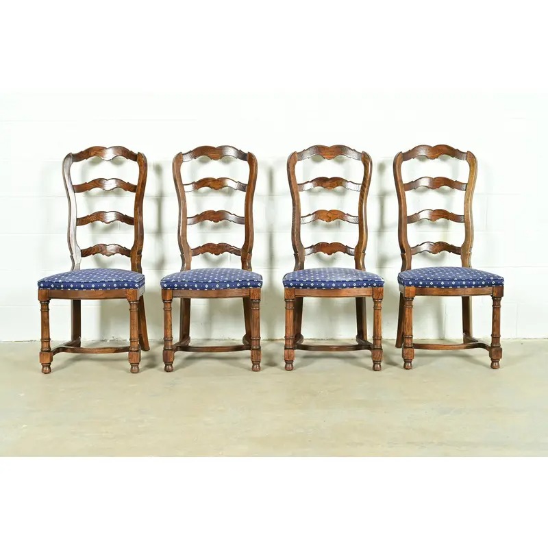 Century Furniture French Country Carved Solid Oak Ladder Back Dining Chairs, Set of Four - Image 2