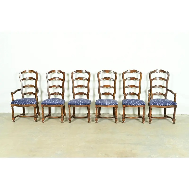 Century Furniture French Country Carved Solid Oak Ladder Back Dining Chairs, Set of Six - Image 2