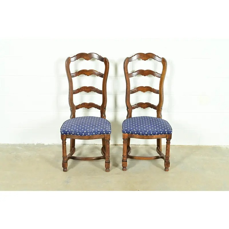 Century Furniture French Country Carved Solid Oak Ladder Back Side Chairs or Dining Chairs, Pair - Image 2