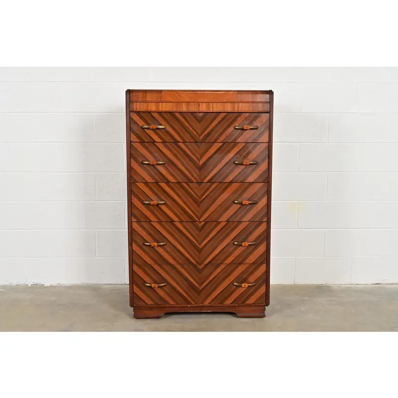 Donald Deskey Style Antique Art Deco Inlaid Walnut Waterfall Highboy Dresser or Chest of Drawers, Circa 1930s - Image 2