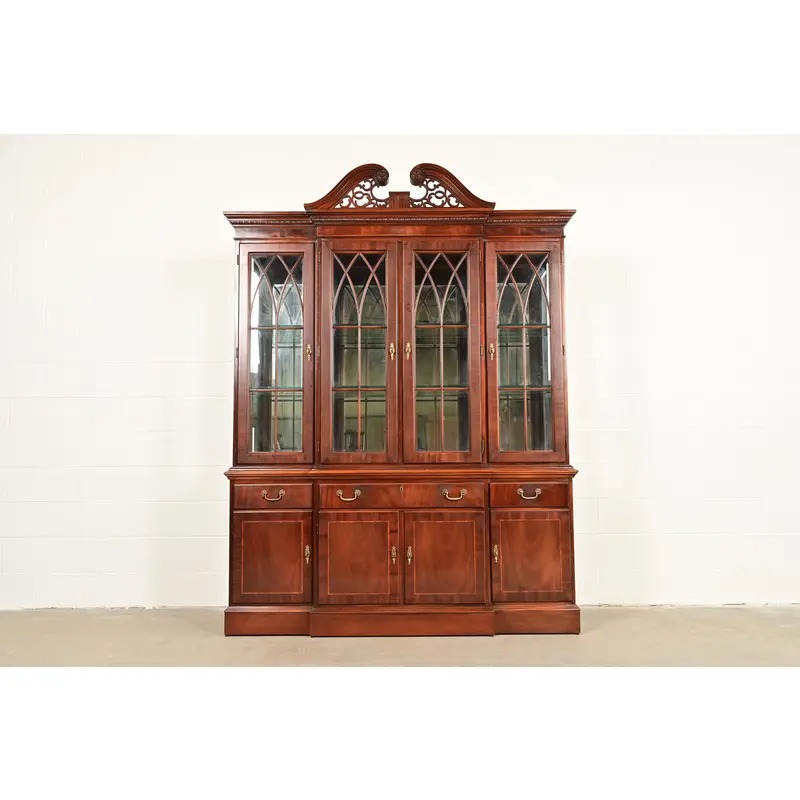 Ethan Allen Georgian Inlaid Mahogany Lighted Breakfront Bookcase Cabinet - Image 2