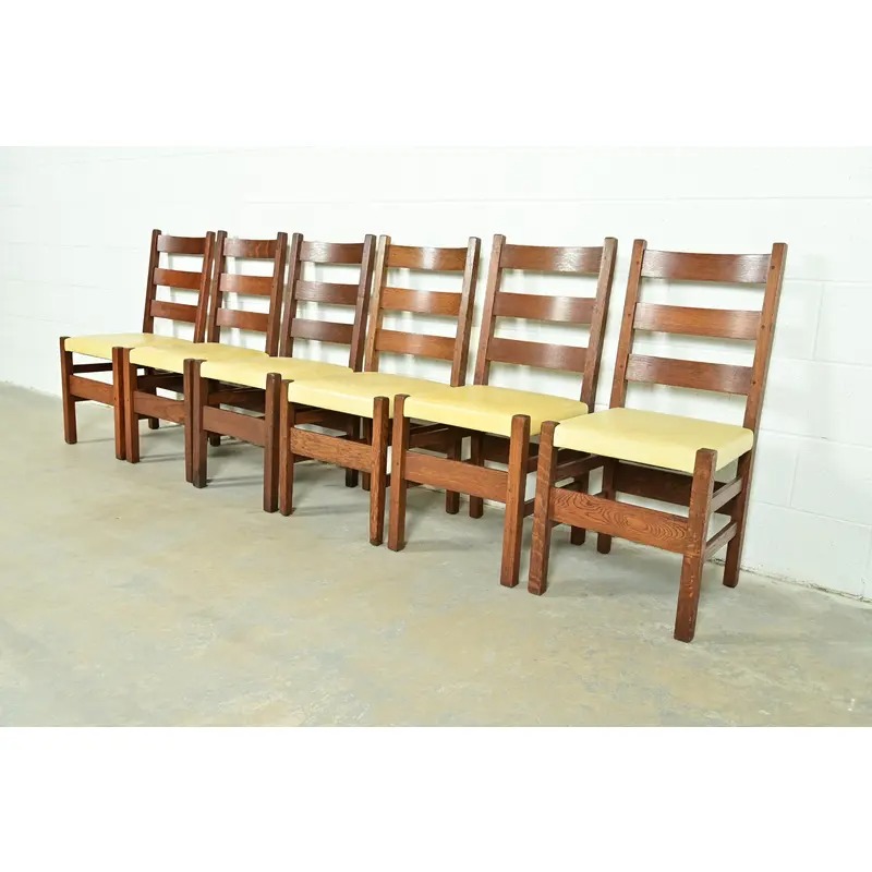 Gustav Stickley Antique Mission Oak Arts & Crafts Ladder Back Dining Chairs, Set of Six - Image 2
