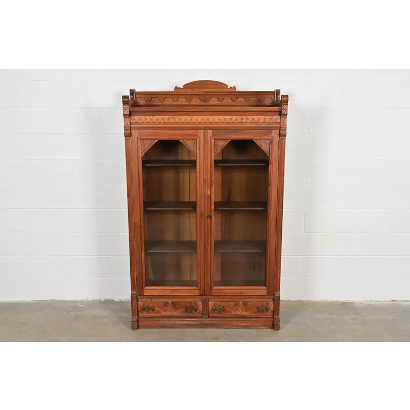 Herter Brothers Style Antique Eastlake Victorian Carved Burled Walnut Bookcase, Circa 1880s - Image 2