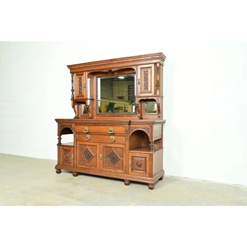 Herter Brothers Style Antique English Victorian Carved Oak Mirrored Back Bar or Sideboard, Circa 1890s - Image 2