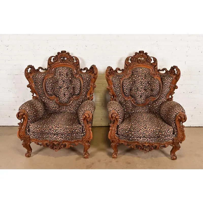 Italian Baroque Ornate Carved Walnut Throne Chairs or Lounge Chairs With Leopard Print Upholstery - Image 2