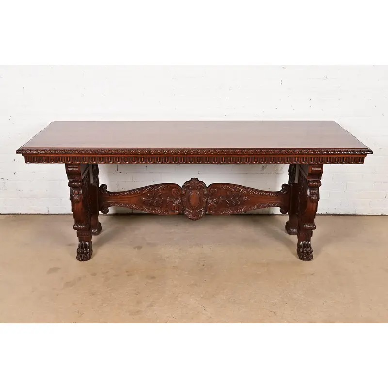 R. J. Horner Style Antique Italian Renaissance Carved Walnut Desk or Library Table With Lion Paw Feet, Circa 1890s - Image 2
