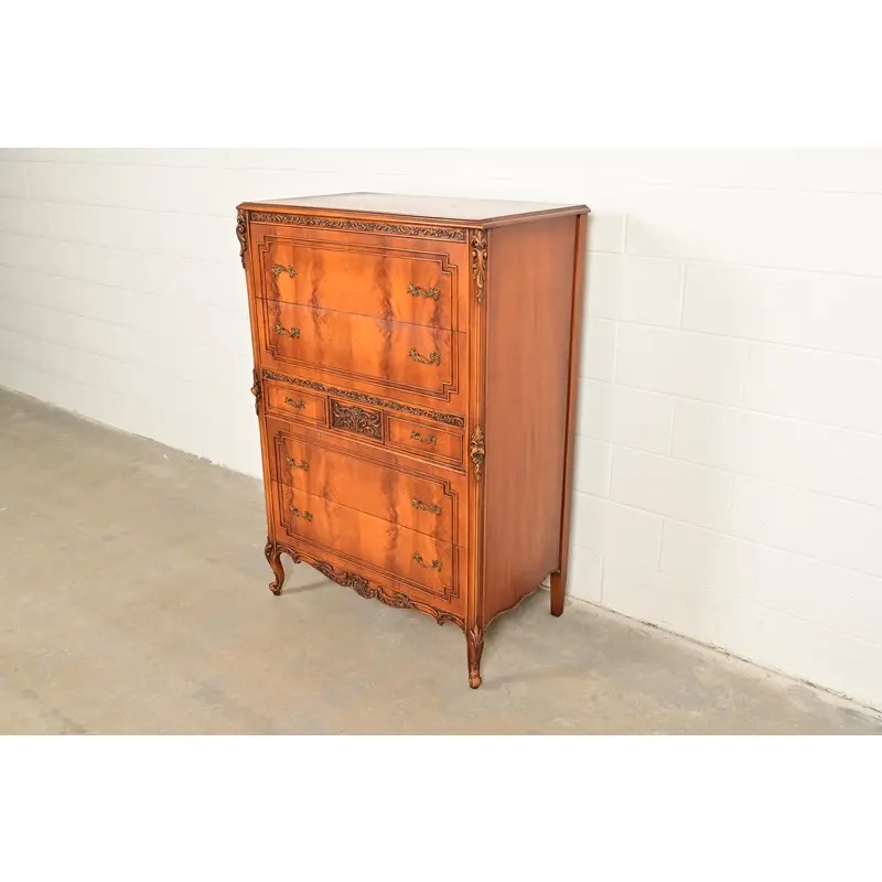 Romweber Style Antique French Provincial Louis XV Carved Satinwood and Burl Wood Highboy Dresser, Circa 1920s - Image 2