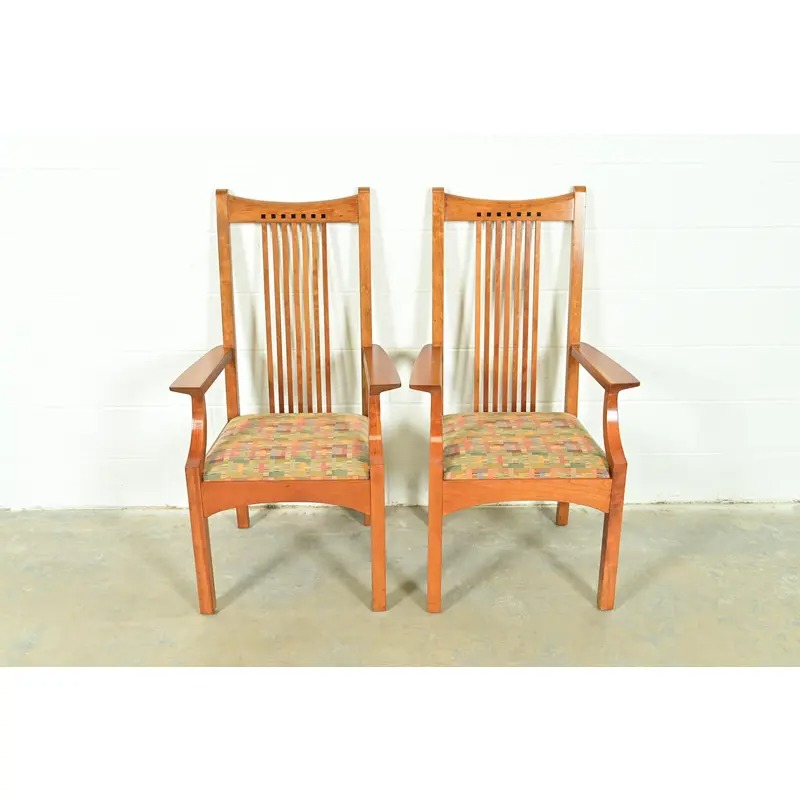 Stickley Arts & Crafts Cherry Wood High Back Spindle Armchairs, Pair - Image 2