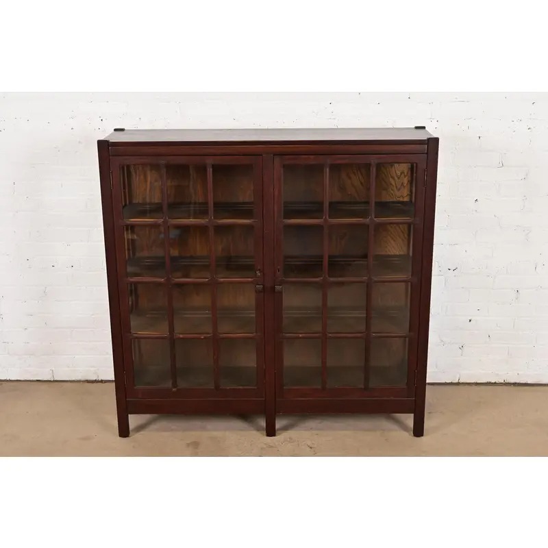 Stickley Brothers Style Antique Mission Oak Arts & Crafts Glass Front Bookcase Cabinet, Circa 1900 - Image 2