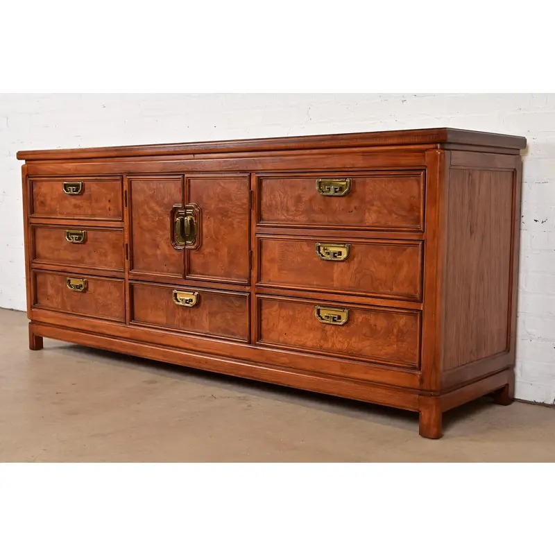 Thomasville Mid-Century Hollywood Regency Chinoiserie Burl Wood Long Dresser or Credenza, Circa 1970s - Image 2